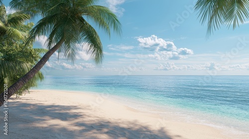 A tranquil beach scene with white sand, clear water, and palm trees under a bright blue sky.