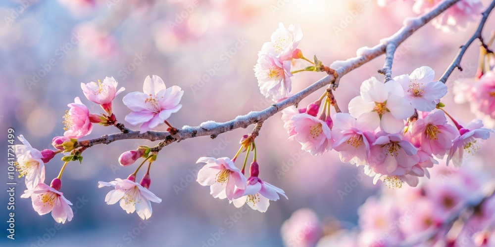 Delicate Pink Blossoms Gracefully Adorn a Branch in a Softly Blurred Background of Pastel Hues Delicate Pink Blossoms Gracefully Adorn a Branch in a Softly Blurred Background of Pastel Hues