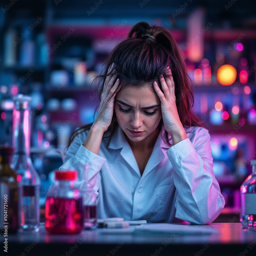 A young Caucasian woman with long brown hair looking stressed and holding her head in her hands while sitting at a desk