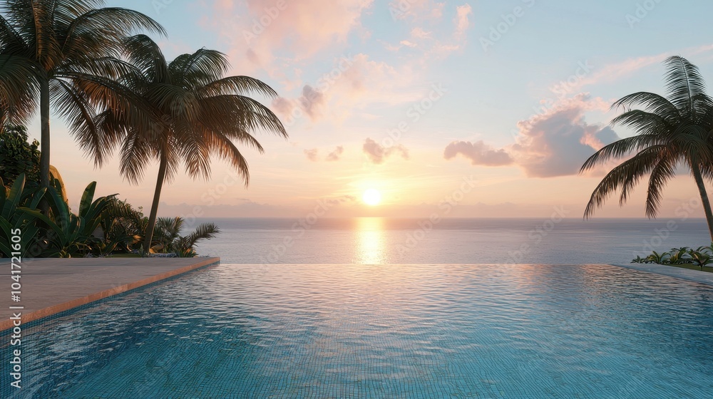 A tranquil infinity pool overlooks a serene ocean at sunset, framed by palm trees and a colorful sky. A tranquil infinity pool overlooks a serene ocean at sunset, framed by palm trees and a colorful sky.