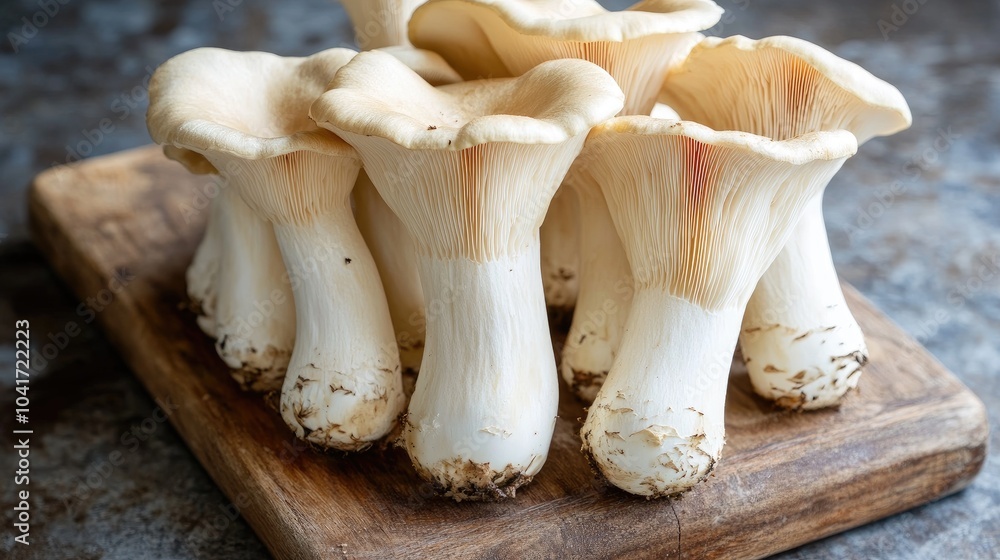 Fresh Gourmet Mushrooms on Wooden Cutting Board Fresh Gourmet Mushrooms on Wooden Cutting Board