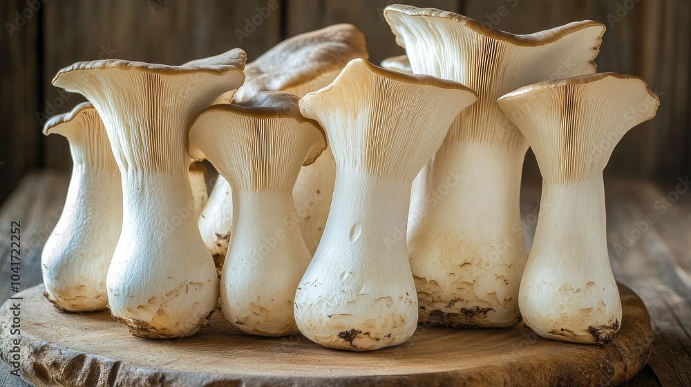 Fresh Mushrooms on Wooden Board Display Fresh Mushrooms on Wooden Board Display