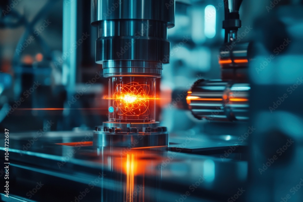 Industrial robot arm building quantum computer in a futuristic laboratory with orange light effects Industrial robot arm building quantum computer in a futuristic laboratory with orange light effects