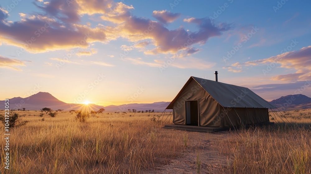 A serene landscape featuring a rustic tent-like structure in an open field, with mountains in the background and a stunning sunset illuminating the sky. A serene landscape featuring a rustic tent-like structure in an open field, with mountains in the background and a stunning sunset illuminating the sky.