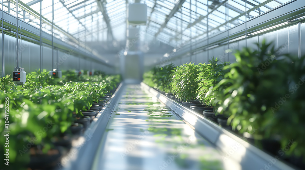 view down a row of plants in a modern indoor greenhouse Sunlight filters through the glass roof illuminating the lush greenery and a central walkway view down a row of plants in a modern indoor greenhouse Sunlight filters through the glass roof illuminating the lush greenery and a central walkway