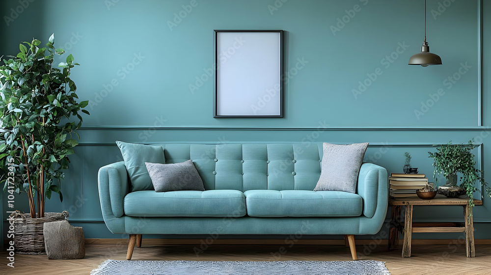 Fototapeta premium Living Room Decor with Teal Walls, Sofa, and Plants