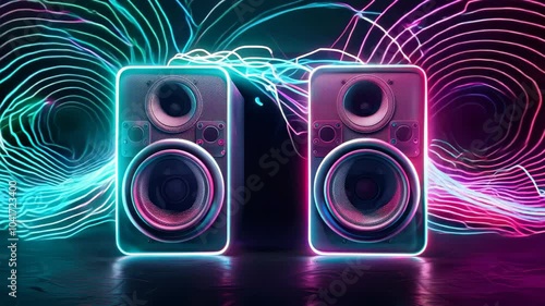 Vibrant neon speakers radiate energy amidst colorful light waves, embodying a lively atmosphere ideal for music, technology, or nightlife themes in promotional content.