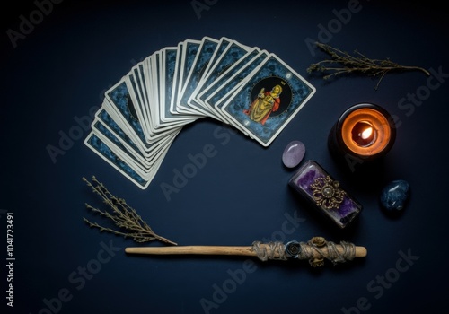 Fortune teller desk showing a tarot card deck, magic wand, crystals and candlelight on a navy blue background