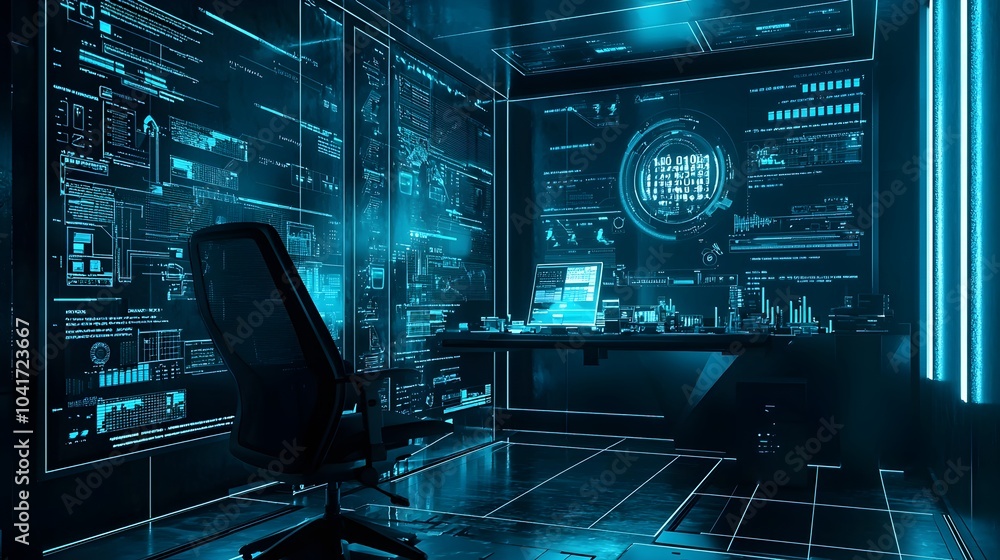 Naklejka premium Cutting edge home office setup with sleek minimalist design and interactive holographic displays presenting real time data and information for enhanced productivity and efficiency