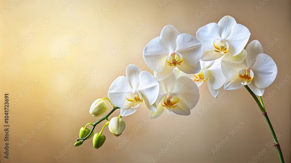 Obraz premium Blossoming white phalaenopsis orchid against pastel neutral colored background vertical format