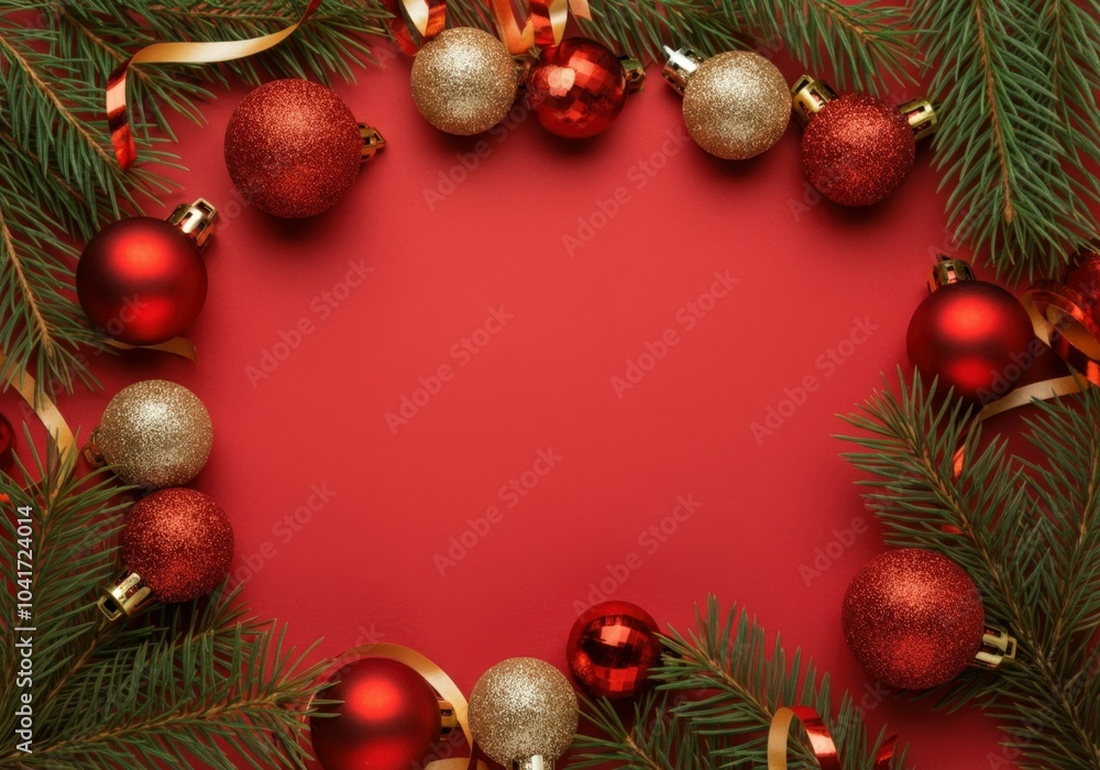 Christmas ornaments and fir tree branches making a frame with copy space on red background Christmas ornaments and fir tree branches making a frame with copy space on red background