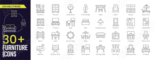 Furniture Stroke icon collections. Containing Table, Coat Hanger, Mirror, Deck Chair, Book Shelf, Office Chair, Bench, Bed, Desk, and TV Stand icons. Editable Stroke icon collection Outline icon
