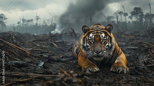 A Sumatran Tiger sits solemnly amidst the charred remains of a rainforest, highlighting the devastating effects of deforestation and habitat loss. photo