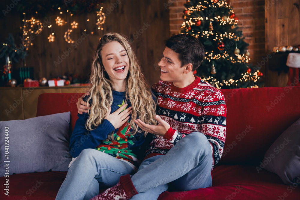 Photo of sweet good mood couple wear print sweaters cuddling celebrating noel xmas indoors room home house Photo of sweet good mood couple wear print sweaters cuddling celebrating noel xmas indoors room home house