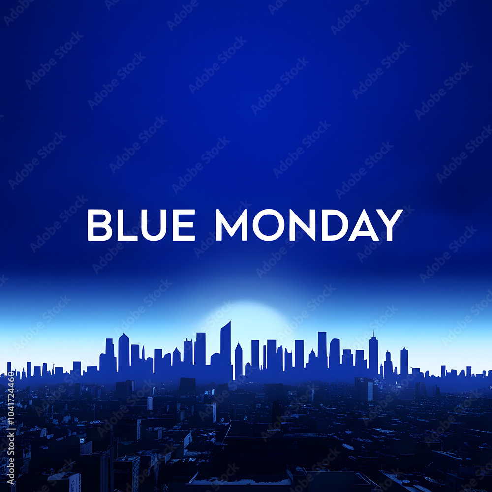 A Blue Monday background against a blue background and silhouette of a cityscape A Blue Monday background against a blue background and silhouette of a cityscape