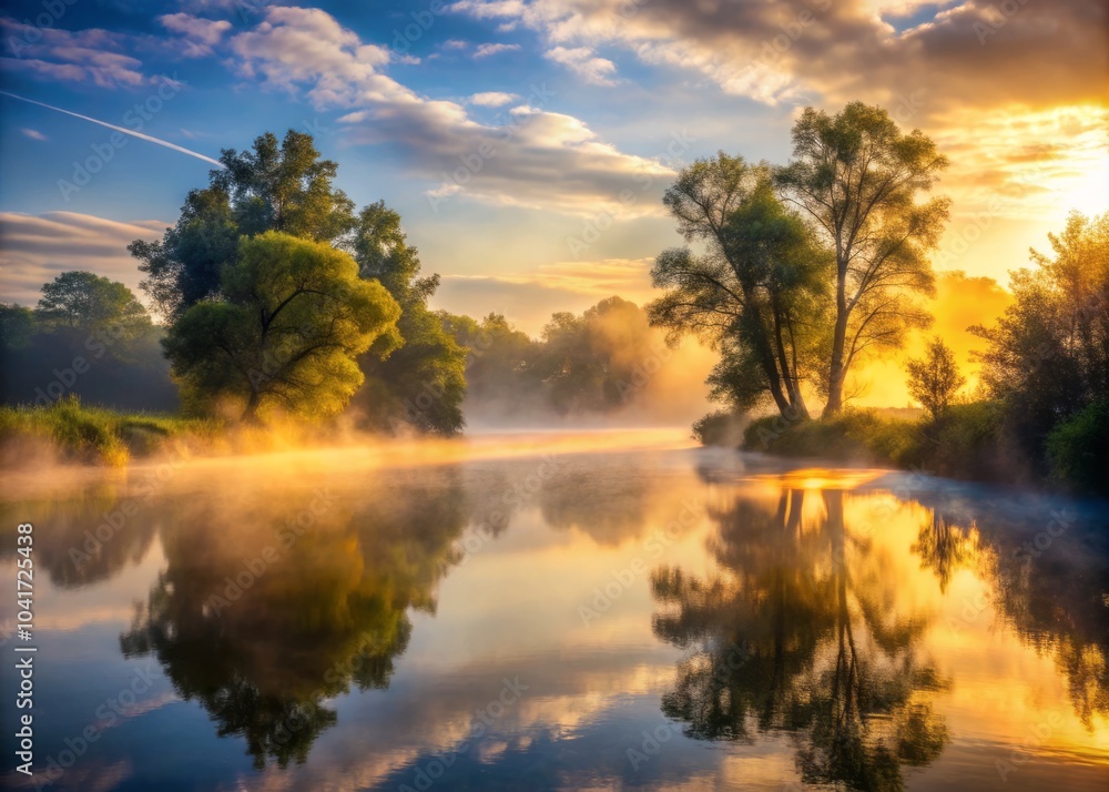 Obraz premium Softly Radiant Mist Ascends from Tranquil River Surface Creating Serene Landscape Atmosphere