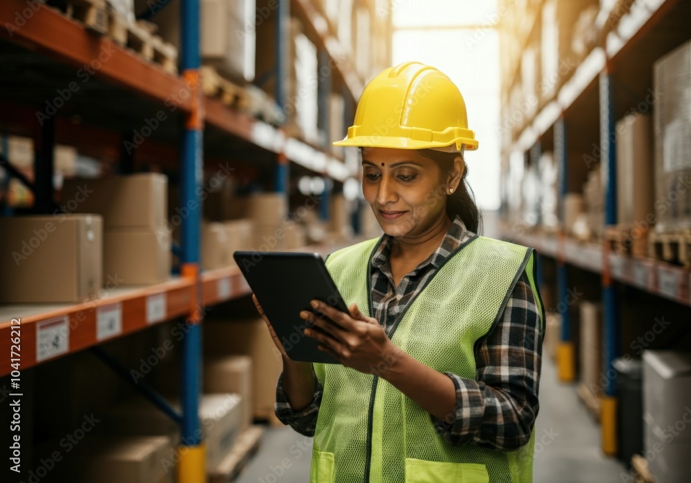 Smiling mature indian female warehouse worker using digital tablet and managing inventory in large distribution warehouse Smiling mature indian female warehouse worker using digital tablet and managing inventory in large distribution warehouse