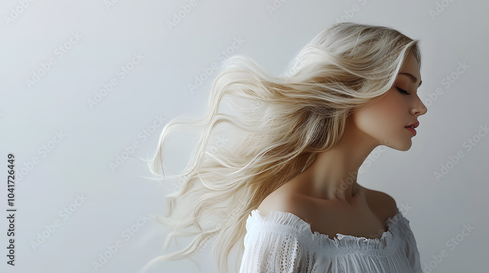 Graceful Pose of an Elegant Blonde Woman Set Against a Minimalist White Background for Stylish Wallpaper Graceful Pose of an Elegant Blonde Woman Set Against a Minimalist White Background for Stylish Wallpaper