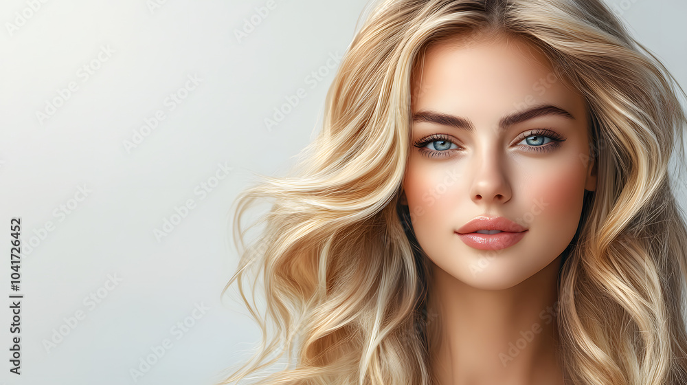 Fototapeta premium Elegant and Radiant Blonde Woman in a Bright Portrait on White Background for Modern Wallpaper Design