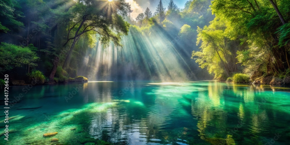 Sunlight Shafts Piercing Mist Over Water Creating a Serene and Mystical Natural Landscape Scene Sunlight Shafts Piercing Mist Over Water Creating a Serene and Mystical Natural Landscape Scene