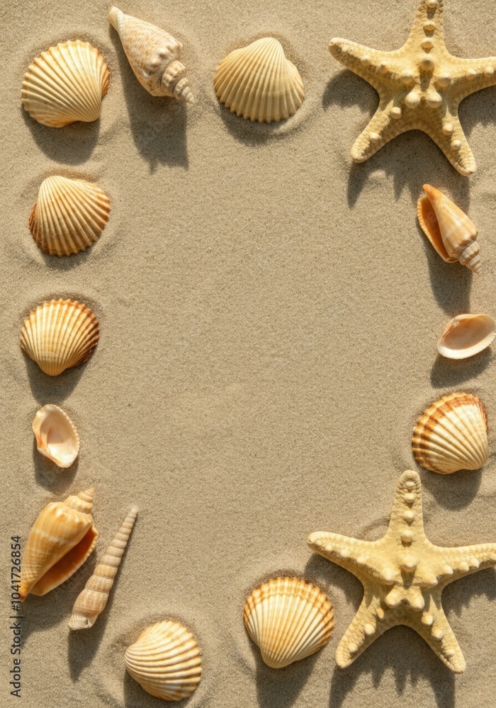 Seashells and starfishes are creating a frame on the sand of a beach Seashells and starfishes are creating a frame on the sand of a beach