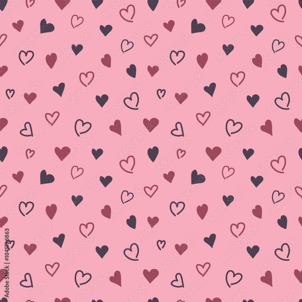 Seamless pattern with hand drawn hearts on a pink background for Valentine's Day. Abstract universal background. Vector illustration Seamless pattern with hand drawn hearts on a pink background for Valentine's Day. Abstract universal background. Vector illustration