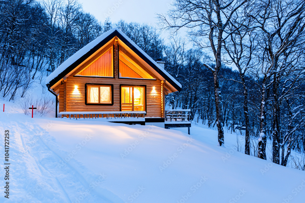 a snow-covered log cabin at dusk, warm window glow, winter wonderland scene a snow-covered log cabin at dusk, warm window glow, winter wonderland scene