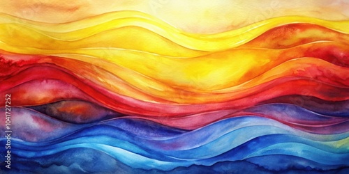 Abstract Watercolor Painting of Intertwined Waves in Vibrant Hues of Yellow, Red, Blue, and Purple