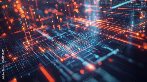 Digital Eon: Abstract Glowing Dots and Lines in a Data Flow Landscape