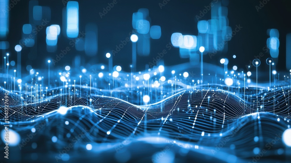 Digital Eon: Abstract Glowing Dots and Lines in a Data Flow Landscape