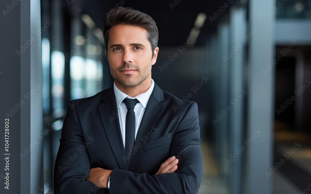 Businessman in a suit, arms crossed, confident expression - concept of professionalism, business, and success Businessman in a suit, arms crossed, confident expression - concept of professionalism, business, and success