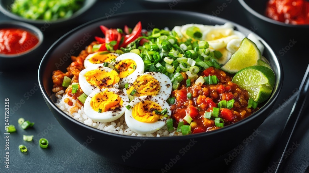 Colorful Rice Bowl with Eggs and Vegetables Colorful Rice Bowl with Eggs and Vegetables