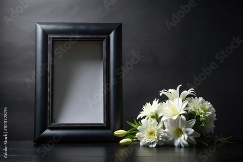 Black frame and white flowers on black background for obituary notice funeral announcement necrology