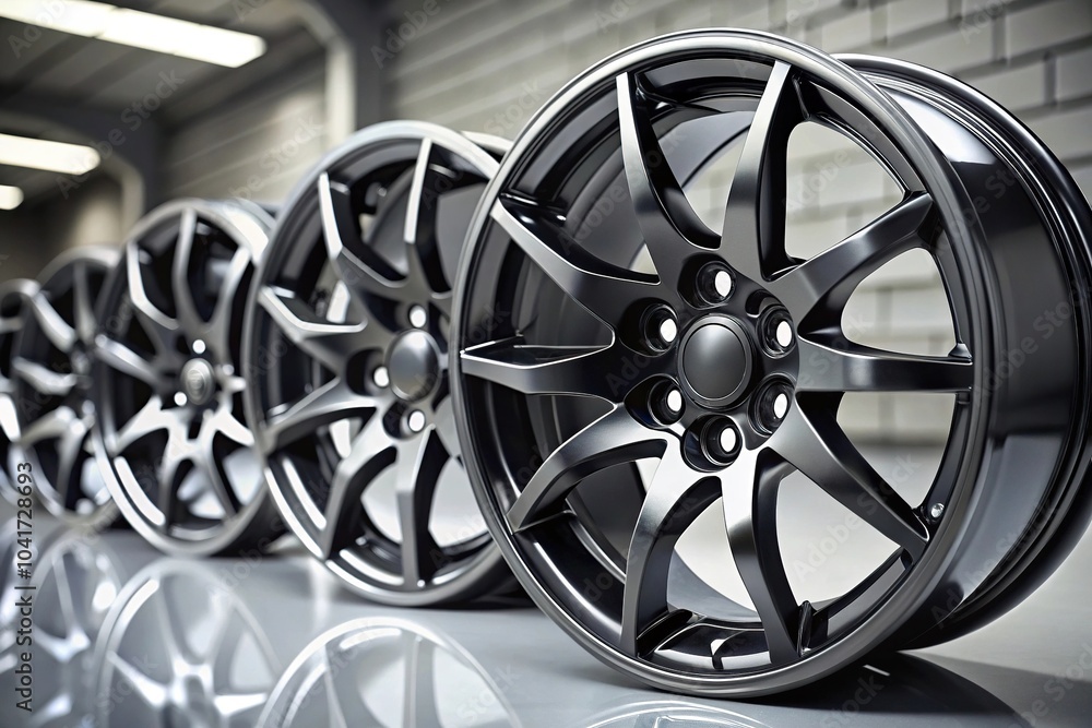 Fototapeta premium Black wheels with white numbers in the counter Long Shot