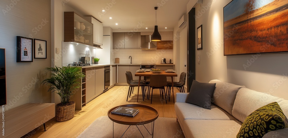 A stylish small apartment featuring an open-concept living area with a compact kitchen, a cozy dining nook, and a comfortable sofa, all arranged efficiently to maximize space.