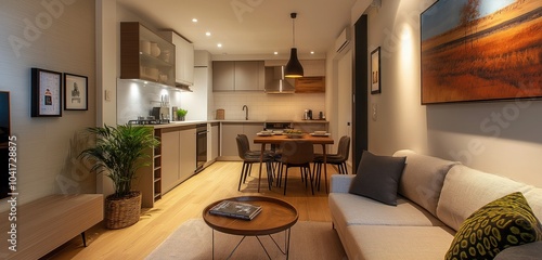 Obraz na płótnie A stylish small apartment featuring an open-concept living area with a compact kitchen, a cozy dining nook, and a comfortable sofa, all arranged efficiently to maximize space. w salonie