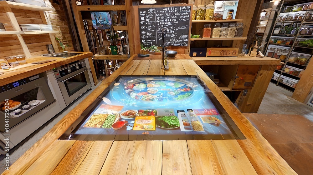 Innovative and technologically advanced kitchen of the future featuring holographic displays that showcase virtual grocery lists and meal ideas Innovative and technologically advanced kitchen of the future featuring holographic displays that showcase virtual grocery lists and meal ideas
