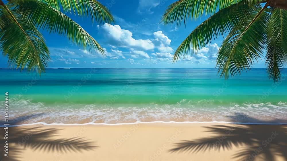 tropical beach background with palm trees casting shadows on sand near turquoise water with copy space tropical beach background with palm trees casting shadows on sand near turquoise water with copy space