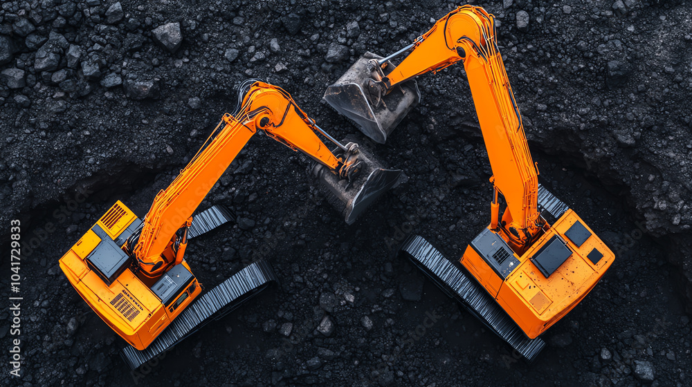 Two orange excavators working on a dark surface, showcasing heavy machinery in action for construction and excavation projects. Two orange excavators working on a dark surface, showcasing heavy machinery in action for construction and excavation projects.