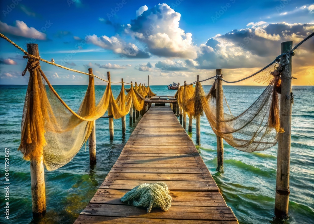Obraz premium Wooden pier extending into the ocean with fishing nets hanging, ideal for marine and nature themes