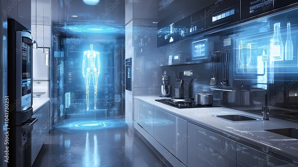 Futuristic high tech kitchen featuring a virtual spice rack projected ...