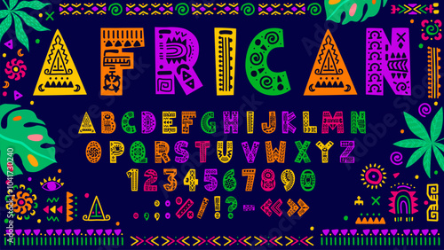 African font, ethnic typeface, tribal type, native english alphabet letters and numbers with vector color geometric pattern. African ethnic tribal alphabet font in folk ornament frame with palm leaves