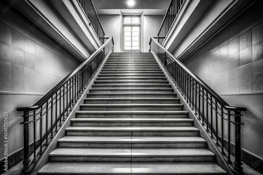 Obraz premium Black and white photograph of a stairway in a building with shallow depth of field