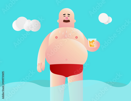 heavy weight man with drink at the beach 