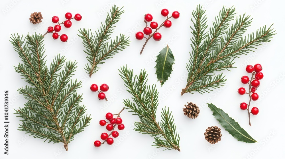 Christmas flat lay of spruce branches and red berries on a solid white background, providing ample space for text, captured in 8K resolution. Christmas flat lay of spruce branches and red berries on a solid white background, providing ample space for text, captured in 8K resolution.
