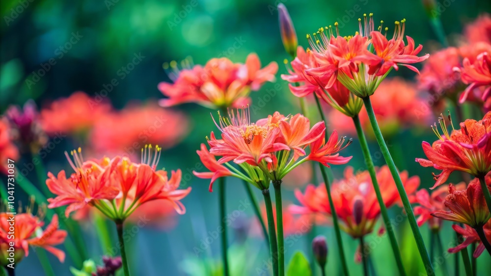 Vibrant Coral Blooms Bursting from Lush Green Stems in a Gentle Breeze of Nature's Beauty Vibrant Coral Blooms Bursting from Lush Green Stems in a Gentle Breeze of Nature's Beauty