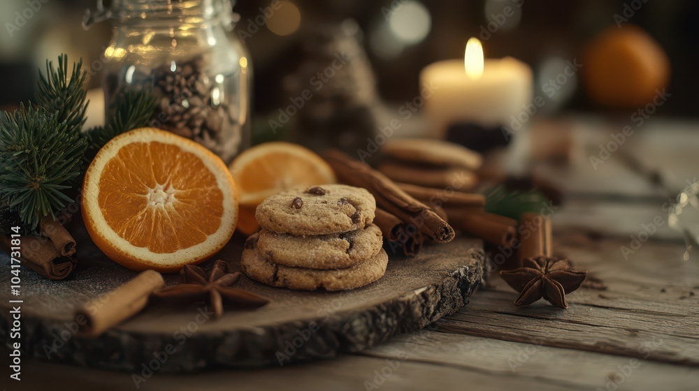 Christmas decorations including spices, orange slices, and biscuits on a rustic wooden background, creating a warm holiday feel, captured in 8K. Christmas decorations including spices, orange slices, and biscuits on a rustic wooden background, creating a warm holiday feel, captured in 8K.