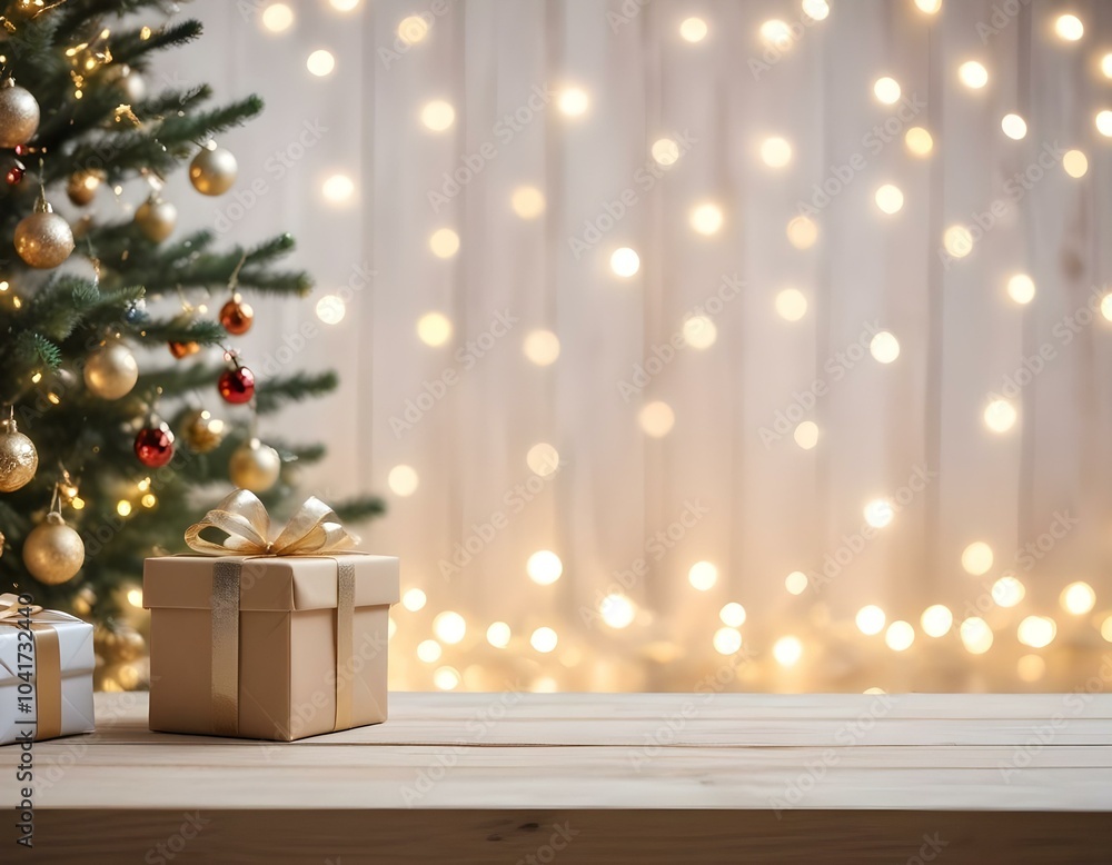 A wooden table with a gift box in the foreground, a blurred Christmas tree, and sparkling lights in the background. A wooden table with a gift box in the foreground, a blurred Christmas tree, and sparkling lights in the background.