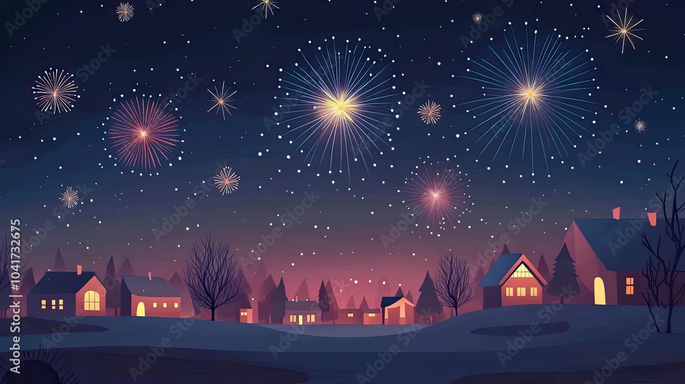 Fototapeta premium Festival fireworks at sky background. New Year and Christmas greeting and invitation postcard design. Space for text, presentation. Poster, cover or banner. with generative ai
