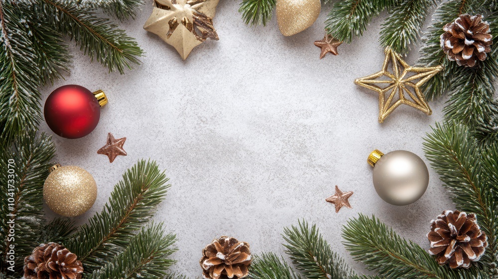 Christmas composition featuring a frame made of fir tree branches and decorations on a pastel gray background, flat lay with copy space, captured using an SLR camera. Christmas composition featuring a frame made of fir tree branches and decorations on a pastel gray background, flat lay with copy space, captured using an SLR camera.